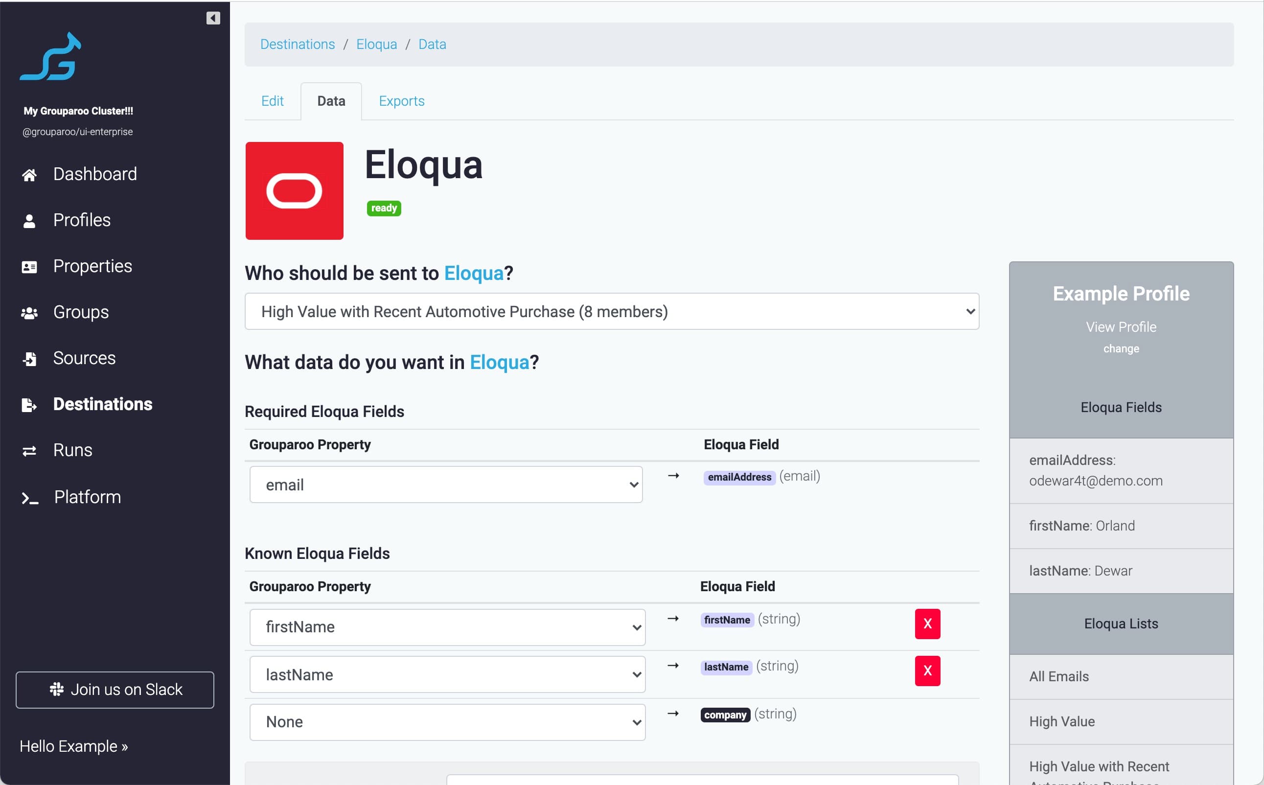 Eloqua Destination settings