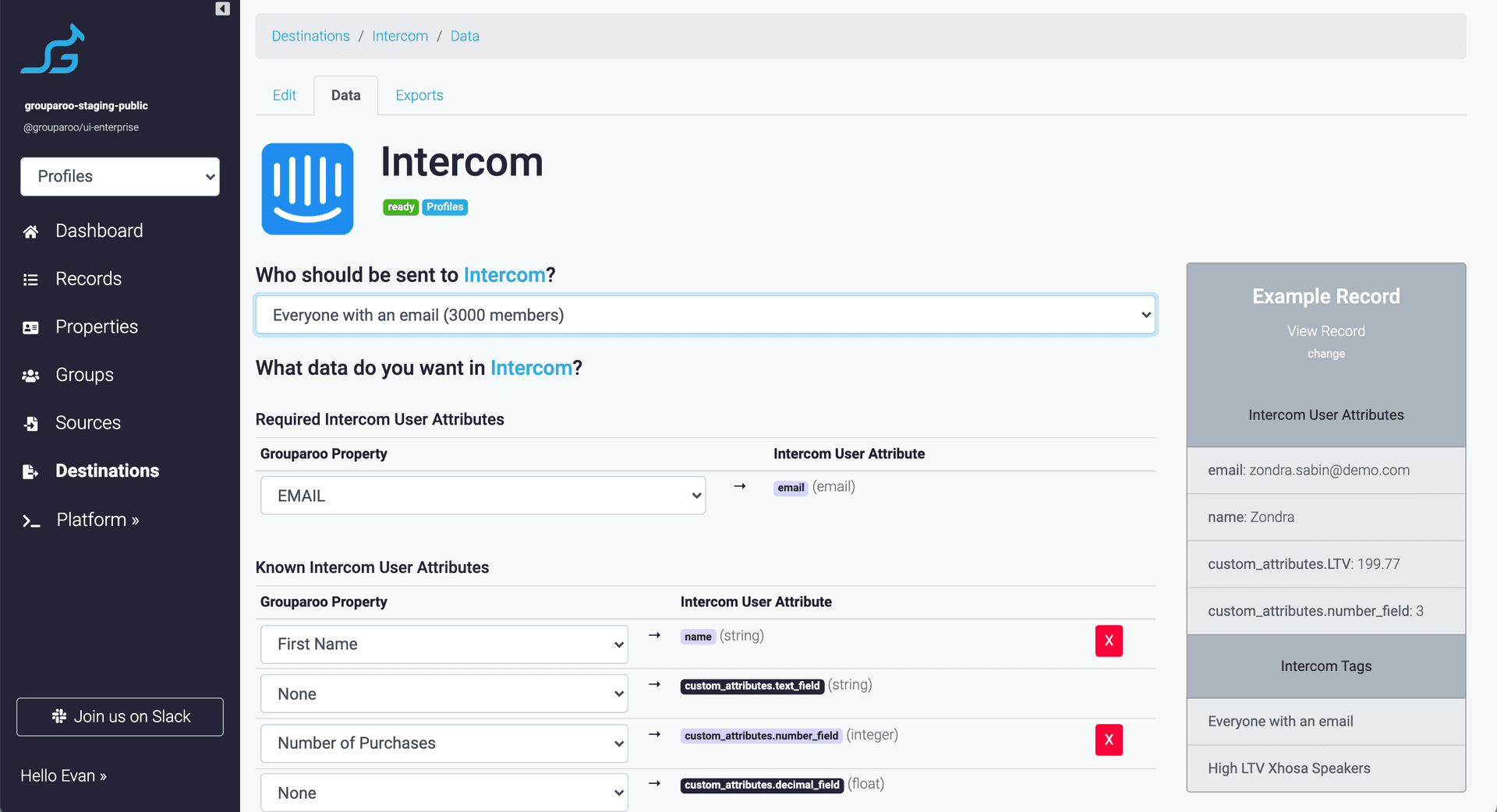 Intercom Destination settings