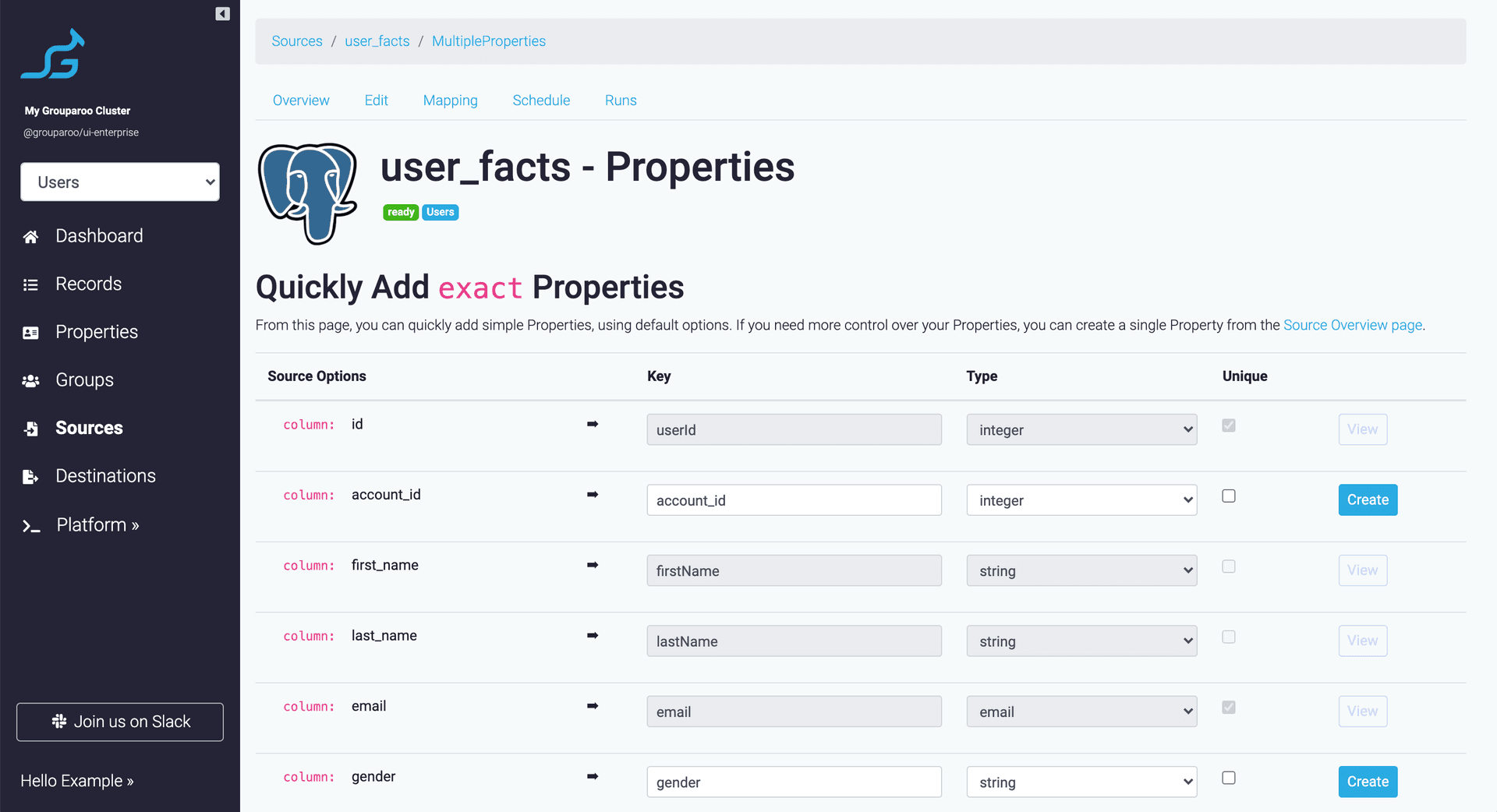 Grouparoo Table Source settings