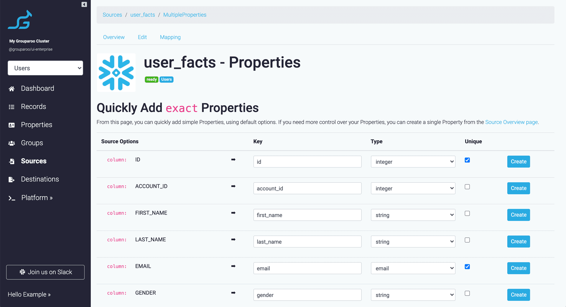 Grouparoo Table Source settings